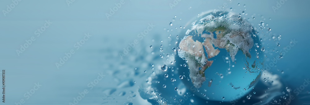 Continent shaped water droplets on globe, global interconnectedness, water awareness concept