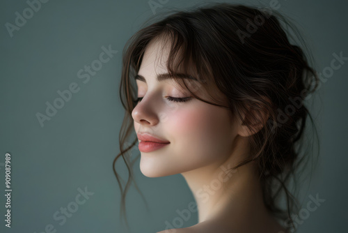 A close up of a girl's face with her eyes closed