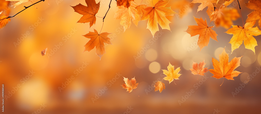 Autumn background with a close up of maple leaves on a blurred bokeh Autumn background with a close up of maple leaves on a blurred bokeh