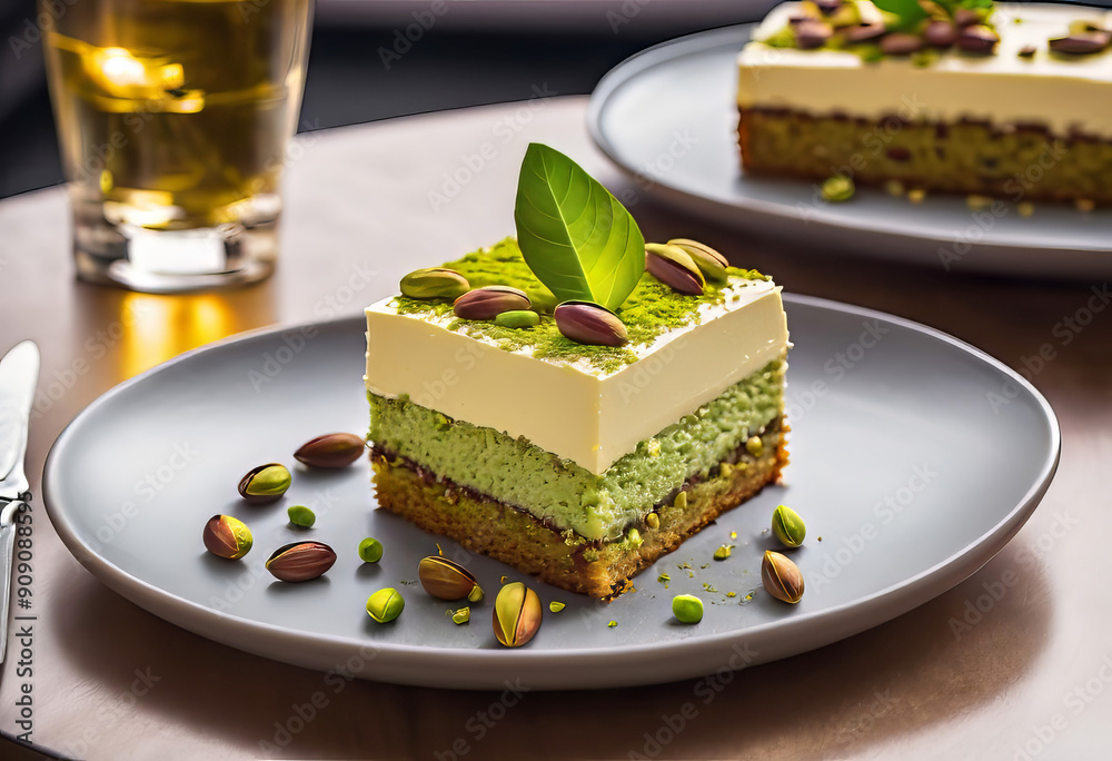 cake with pistachio cream as dessert served in a modern trendy restaurant. cake with pistachio cream as dessert served in a modern trendy restaurant.