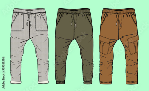 mens casual cargo pants flat sketch outline vector fashion illustration template.