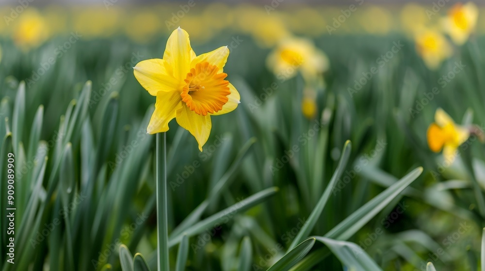 Blooming Hope: Vibrant Yellow Daffodil in Lush Field with Copy Space - Daffodil Day Theme Blooming Hope: Vibrant Yellow Daffodil in Lush Field with Copy Space - Daffodil Day Theme
