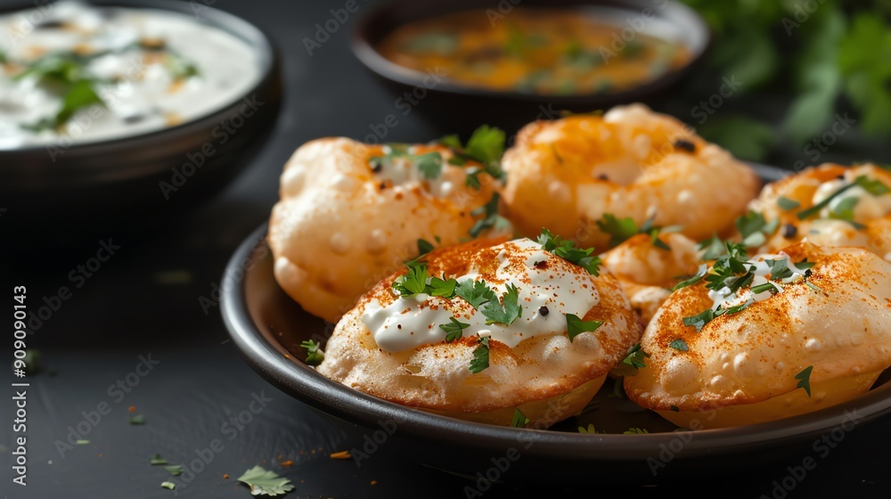 Traditional Indian snack of dahi puri with spiced yogurt and fresh herbs Traditional Indian snack of dahi puri with spiced yogurt and fresh herbs