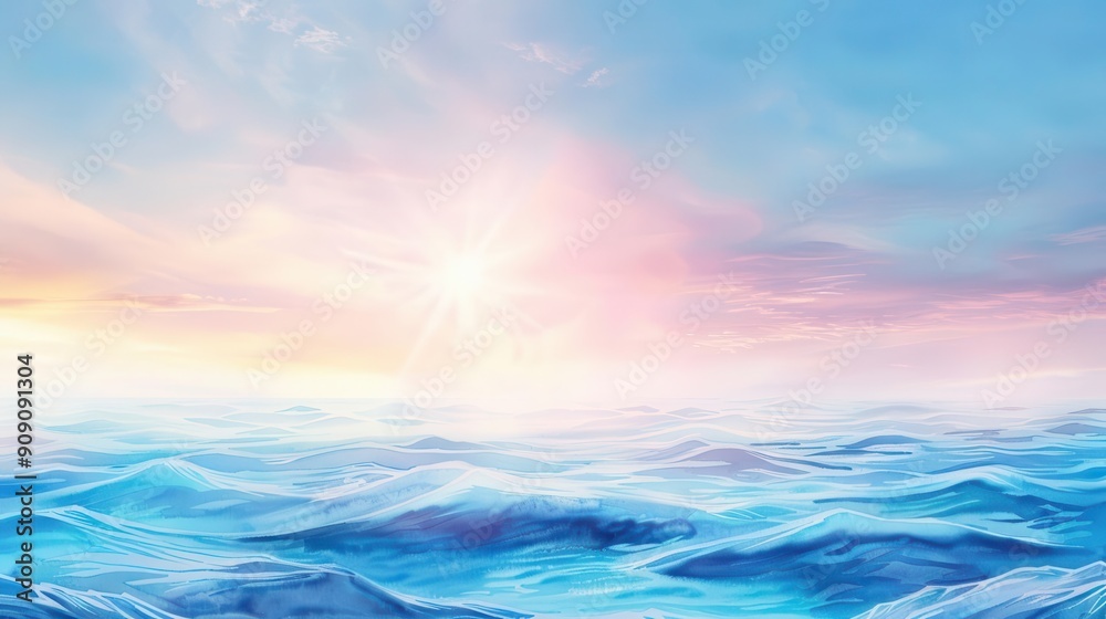 Pastel watercolor sky with gentle waves and bright sunlight Pastel watercolor sky with gentle waves and bright sunlight