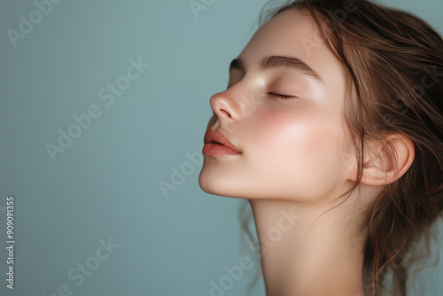 A close up of a girl's face with her eyes closed