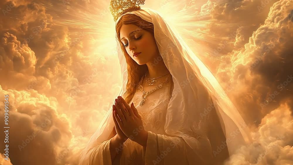 Nossa Senhora Aparecida is surrounded by billowing clouds. A warm light shone directly on her quiet face. Focus on the influence of light and shadow.
