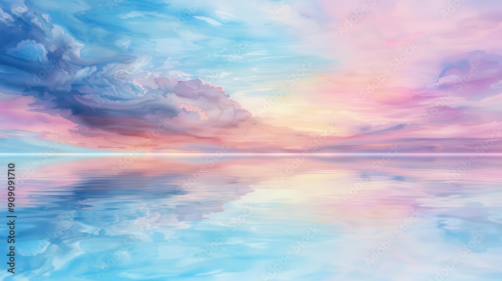 Vivid watercolor sky reflecting on a calm water surface Vivid watercolor sky reflecting on a calm water surface