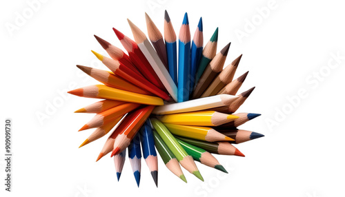 Top view of colorful pencils arranged in a circular on a white background. Ideal for art, creativity, and education concepts.