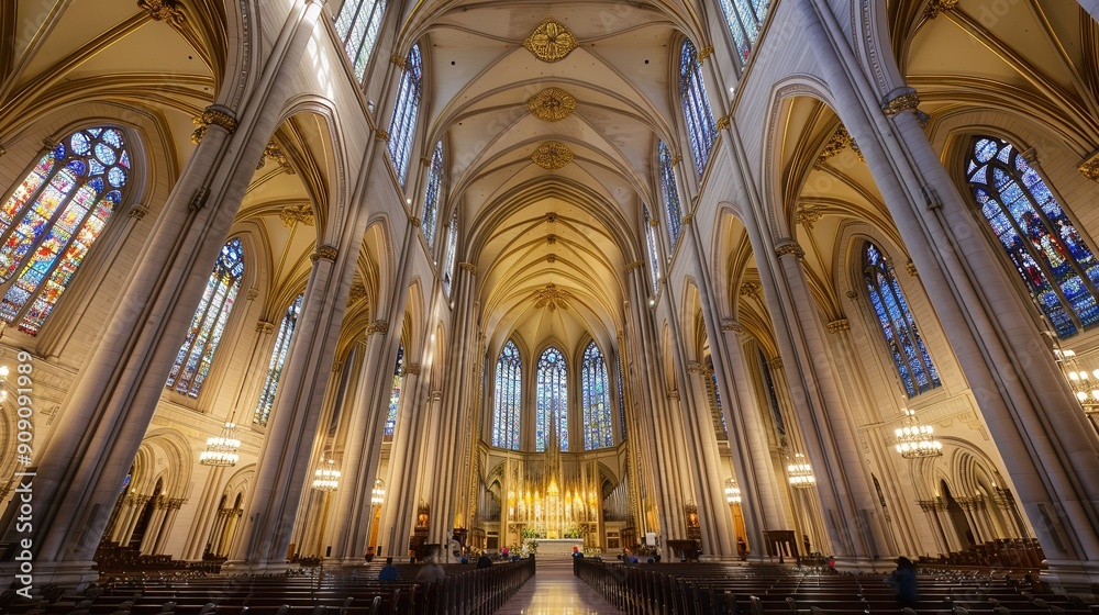 Grand Interior of a Cathedral with High Ceilings and Arches, Showcasing Religious Art and Stained Glass Windows Grand Interior of a Cathedral with High Ceilings and Arches, Showcasing Religious Art and Stained Glass Windows