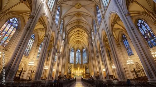 Grand Interior of a Cathedral with High Ceilings and Arches  Showcasing Religious Art and Stained Glass Windows