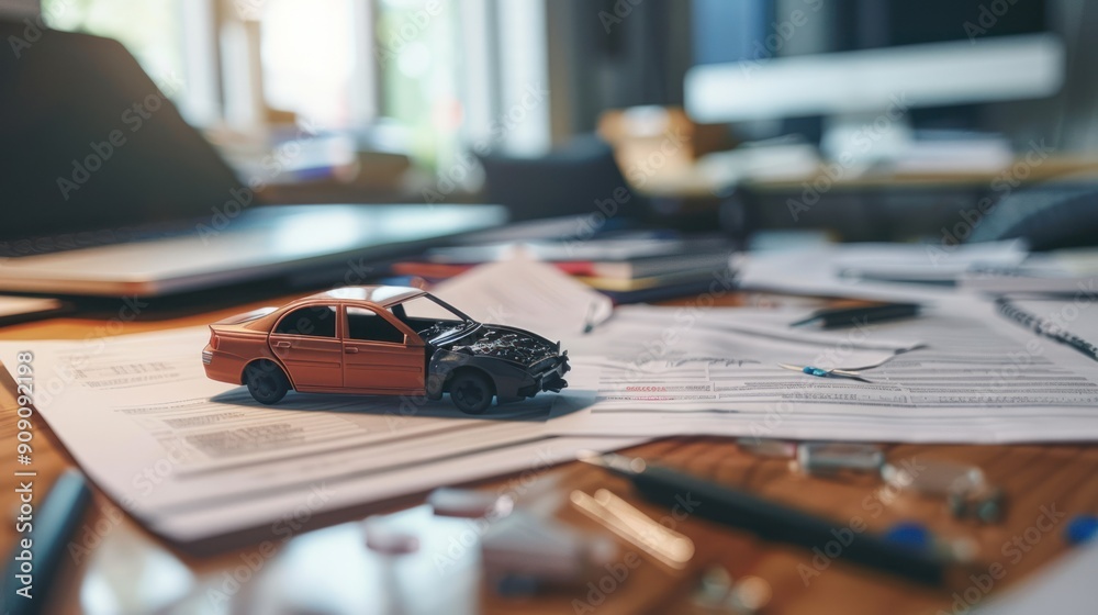 An office scene with paperwork and a car accident claim being processed An office scene with paperwork and a car accident claim being processed