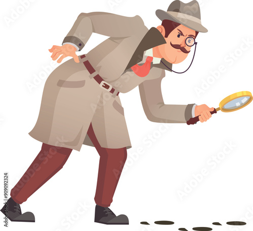 Detective look on footprint trail. Murder mystery investigation