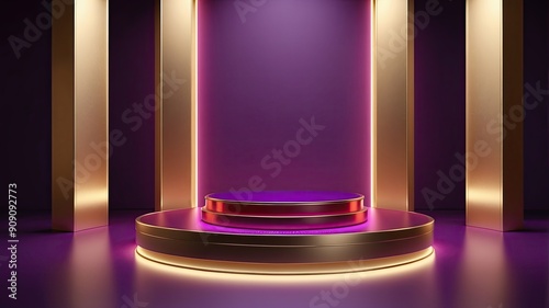 Blank golden podium in a dark studio with red and purple LED light, a showcase for a product
