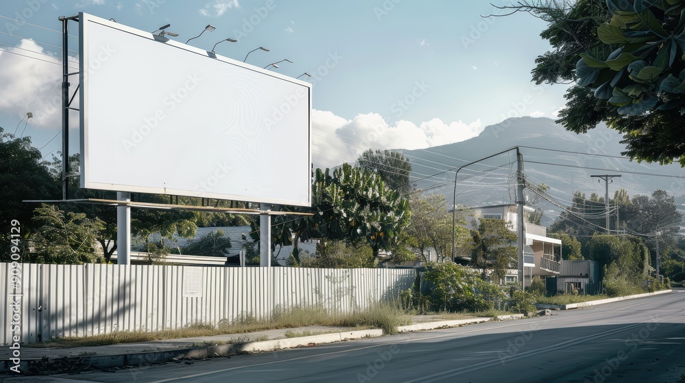 Minimalistic White Billboard Display in Serene Suburban Neighborhood Minimalistic White Billboard Display in Serene Suburban Neighborhood