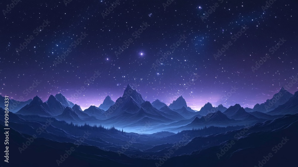 Starry Night over Mountain Range with Silhouetted Trees Starry Night over Mountain Range with Silhouetted Trees