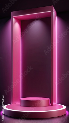 Blank pink podium in a dark studio with red and purple LED light, a showcase for a product
