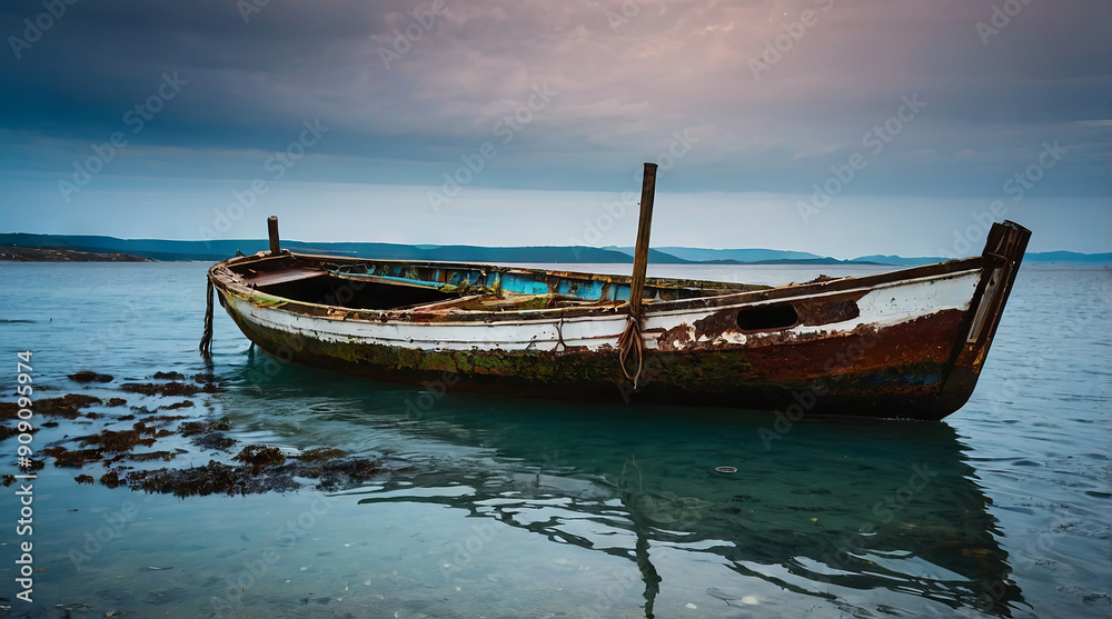 one abandoned boat in the sea one abandoned boat in the sea