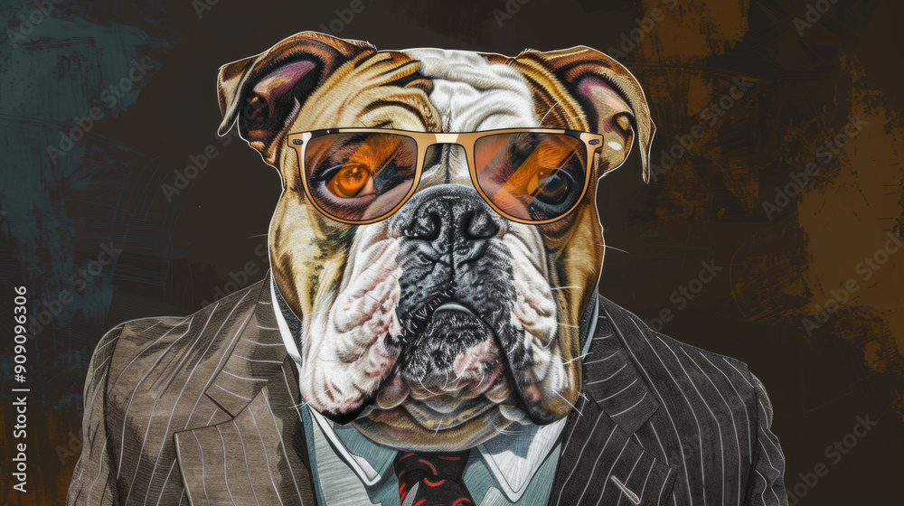 Φωτογραφία Bulldog dog portrait wearing suit and sunglasses with dark background illustrati
