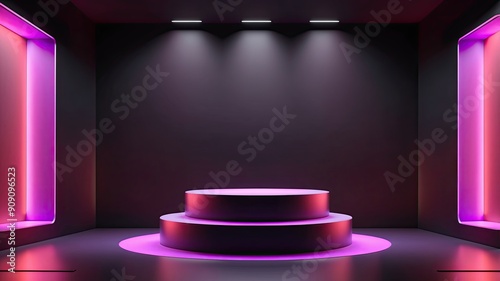 Blank podium in a dark studio with red and purple LED light, showcase for a product, 3d rendering