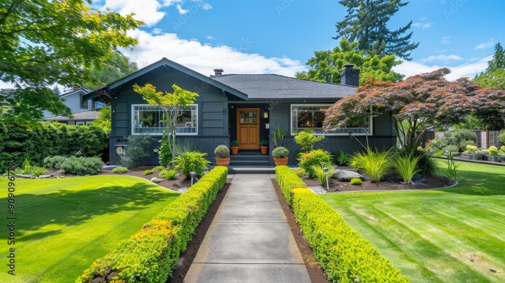 Serene Front Yard Oasis: Well-Maintained Landscaping and Welcoming Pathway Serene Front Yard Oasis: Well-Maintained Landscaping and Welcoming Pathway
