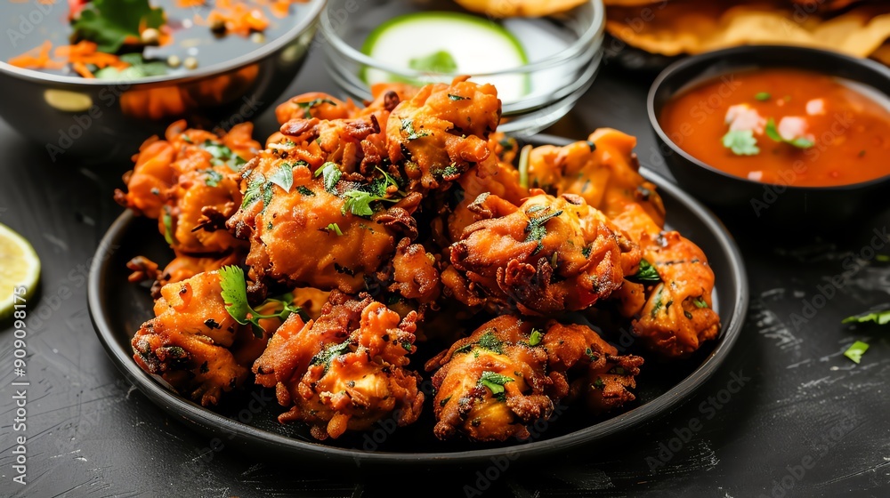 Indian snack platter featuring spicy herbflavored chicken pakoras Indian snack platter featuring spicy herbflavored chicken pakoras