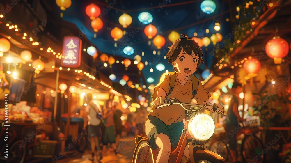 Vibrant night market scene with an animated character riding a bicycle, surrounded by colorful lanterns and bustling vendors, anime background Vibrant night market scene with an animated character riding a bicycle, surrounded by colorful lanterns and bustling vendors, anime background