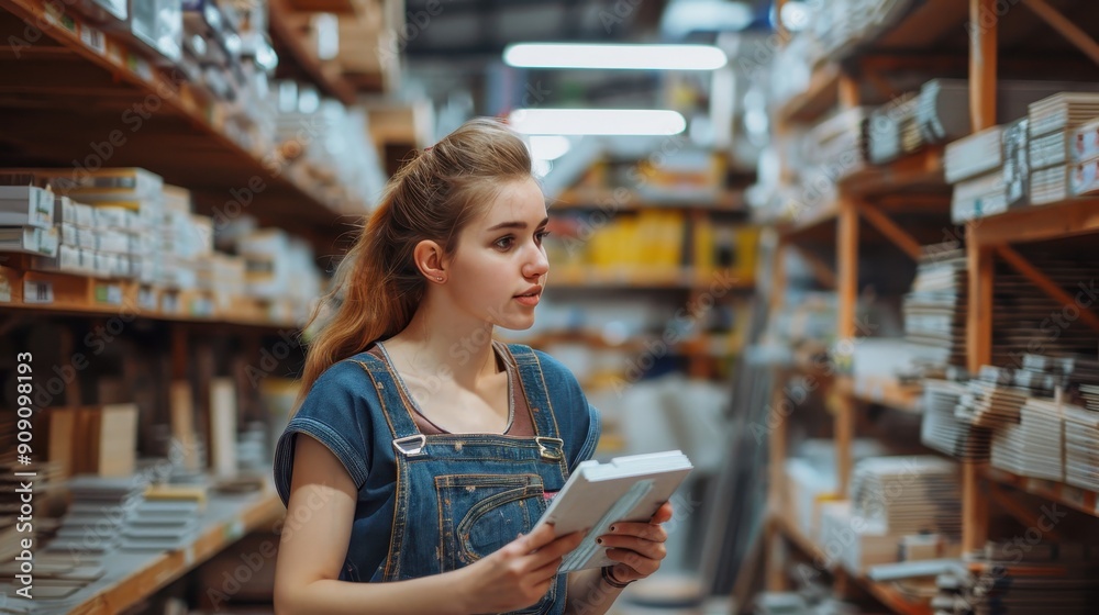 A young woman inspects materials while shopping in a well-stocked home improvement store A young woman inspects materials while shopping in a well-stocked home improvement store
