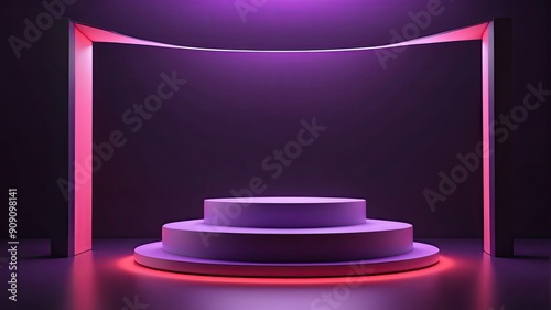 Blank purple podium in a dark studio with red and purple LED light, a showcase for a product