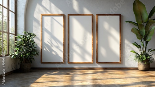 Three vertical white blank wooden framed wall art mockups leaning against the wall in an empty modern room with parquet floor