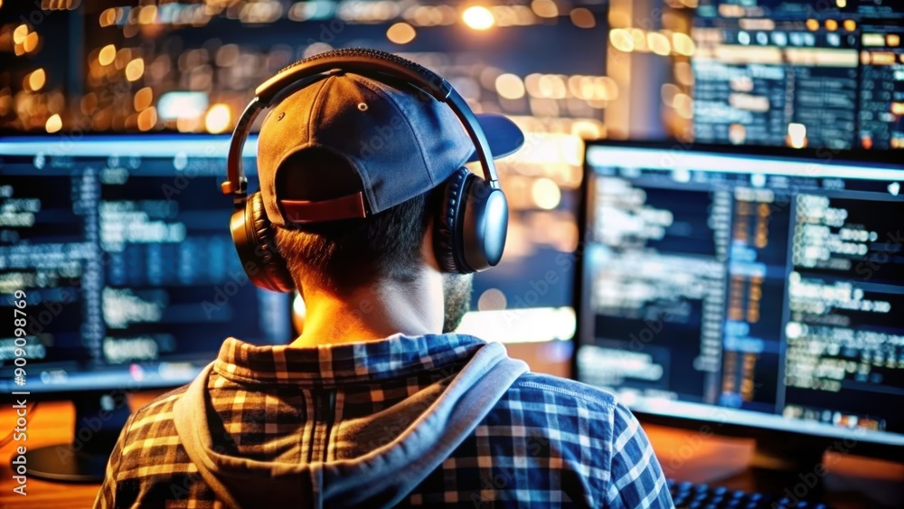 Back View of a Coder Wearing Baseball Cap While Programming on a Glowing Screen at Night Back View of a Coder Wearing Baseball Cap While Programming on a Glowing Screen at Night