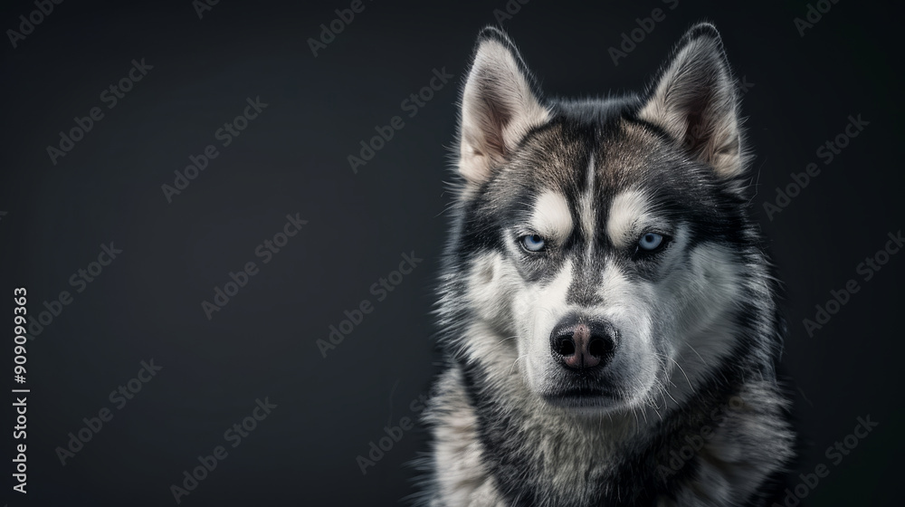 Siberian husky dog with moody angry face isolated on clean background with copy space on the side Siberian husky dog with moody angry face isolated on clean background with copy space on the side