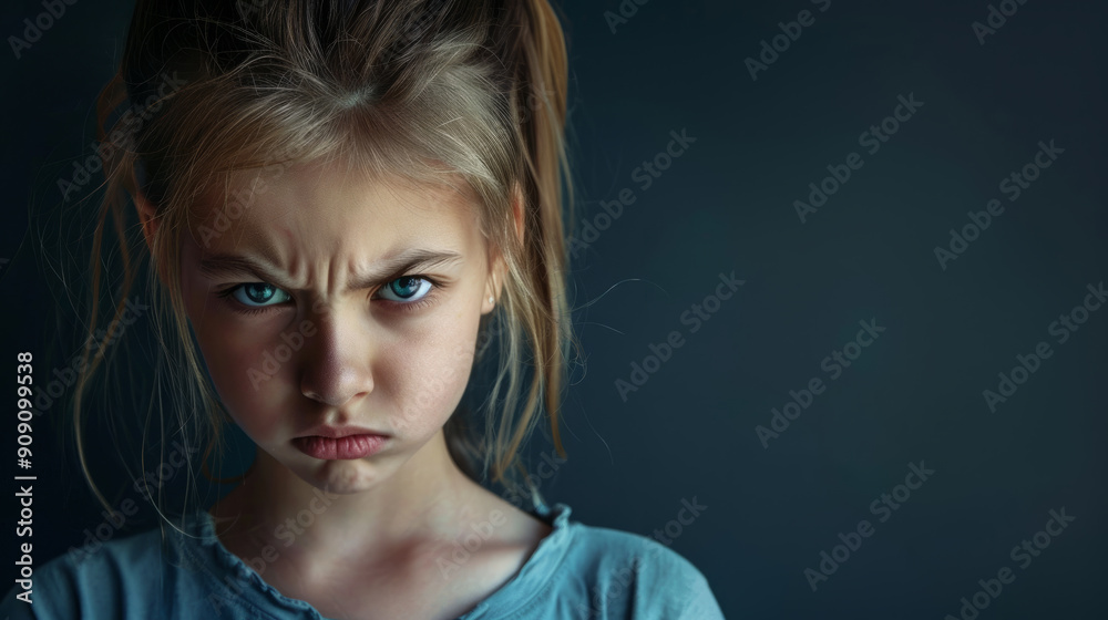 Φωτογραφία Close up portrait of little girl with sad face isolated on dark background with