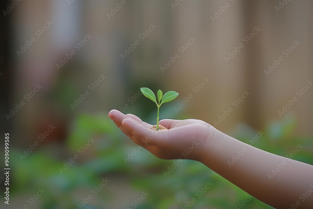 A sprout in a child's hand, representing the future A sprout in a child's hand, representing the future