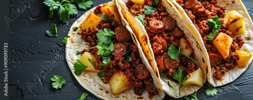 Mexican dinner of spicy chorizo and potato tacos with fresh cilantro
