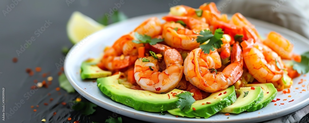Mexican dinner plate with spicy shrimp ceviche and avocado slices Mexican dinner plate with spicy shrimp ceviche and avocado slices