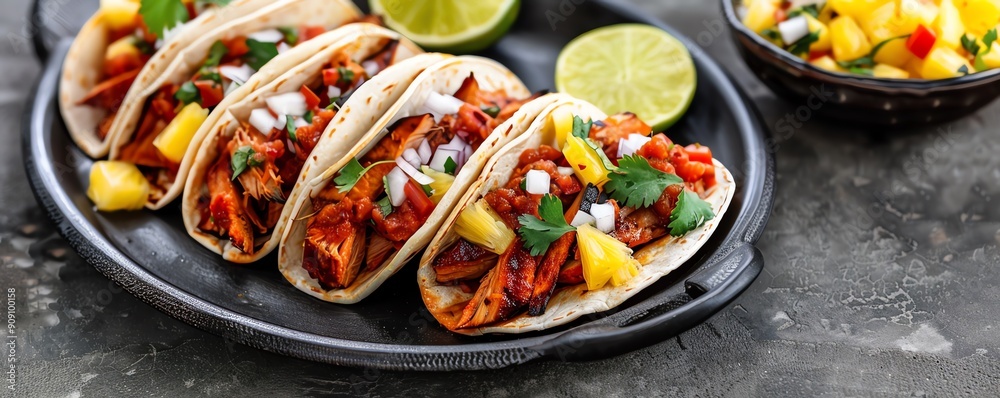 Mexican dinner platter with spicy al pastor tacos and pineapple salsa
