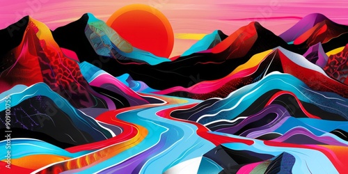 Spectacular Abstract Landscape: Red Sun and River's Journey Through Majestic Mountains.