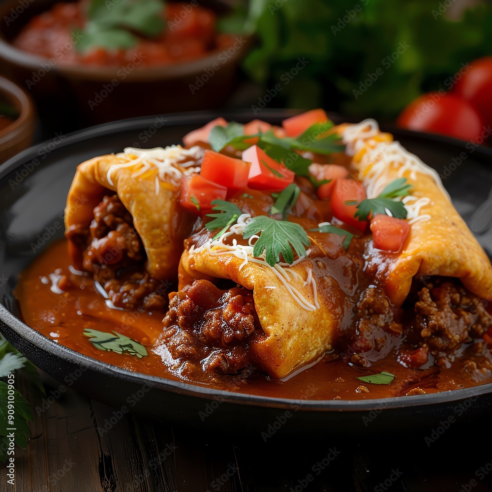Spicy Mexican dinner of beef chili rellenos with tomato sauce Spicy Mexican dinner of beef chili rellenos with tomato sauce