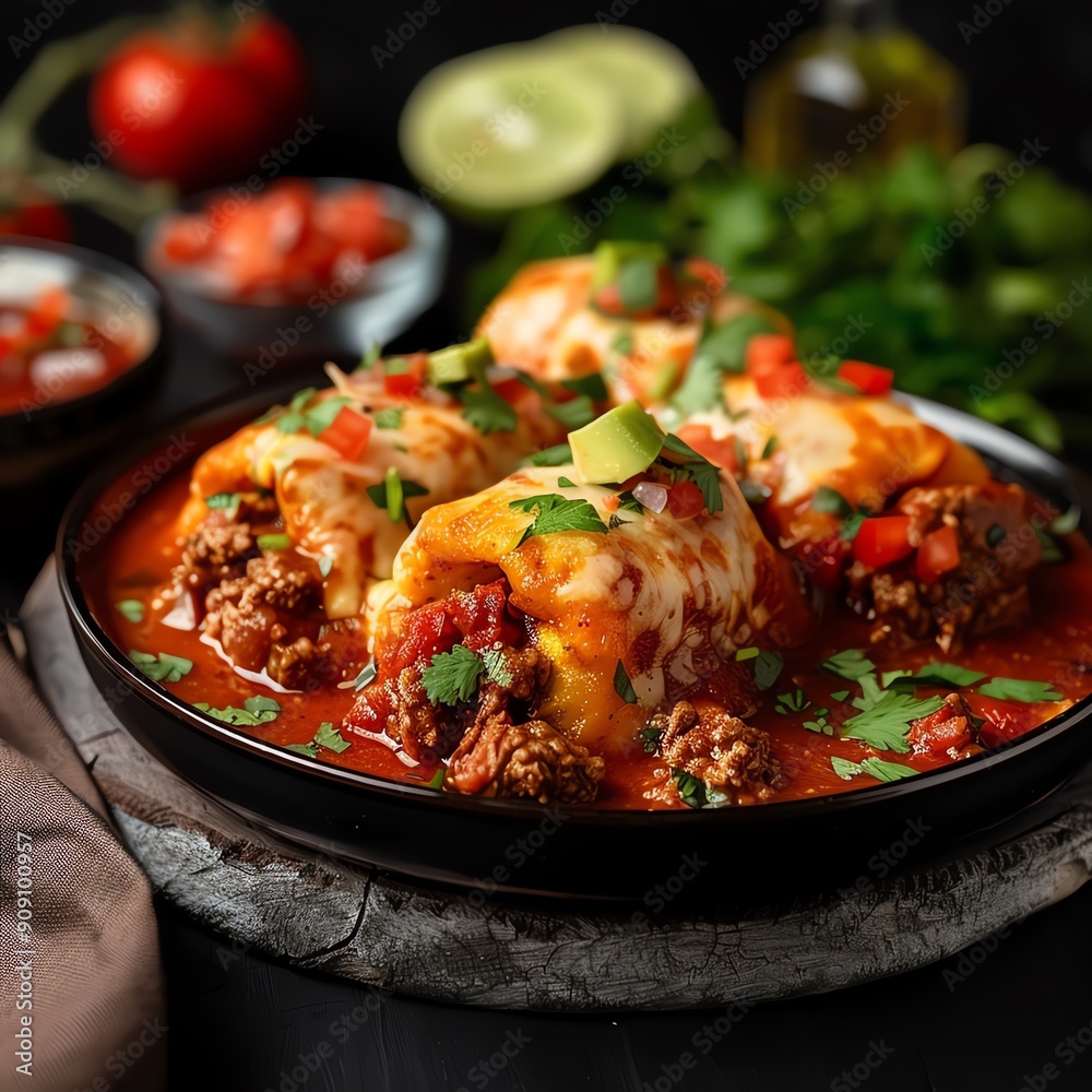 Spicy Mexican dinner of beef chili rellenos with tomato sauce