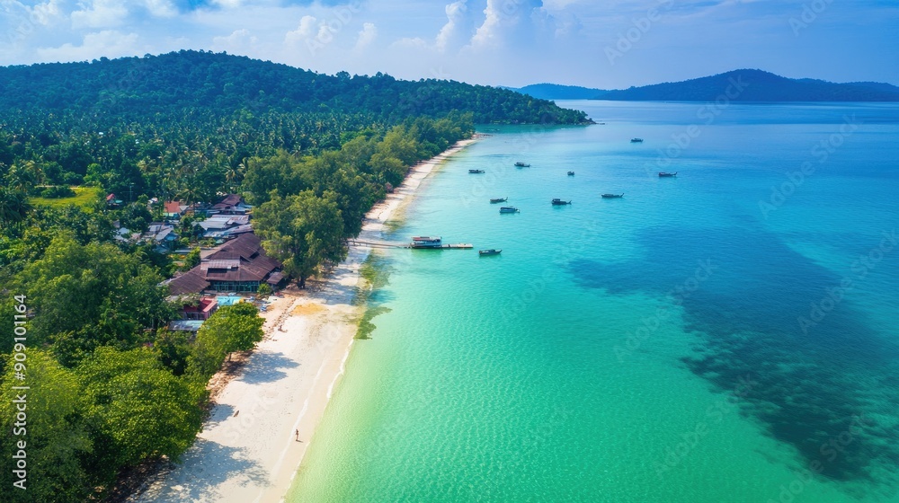 Fototapeta premium Drone view of Koh Rong Sanloem Island in Sihanoukville, highlighting the idyllic beaches, crystal-clear water, and tropical landscape