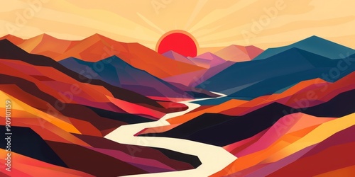 Spectacular Abstract Landscape: Red Sun and River's Journey Through Majestic Mountains.