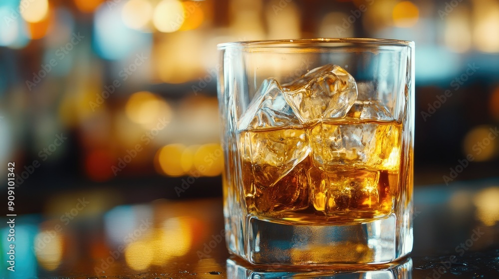 Elegant close-up of a highball glass with whiskey and ice, highlighting the smooth texture and rich amber hue, at a bar Elegant close-up of a highball glass with whiskey and ice, highlighting the smooth texture and rich amber hue, at a bar
