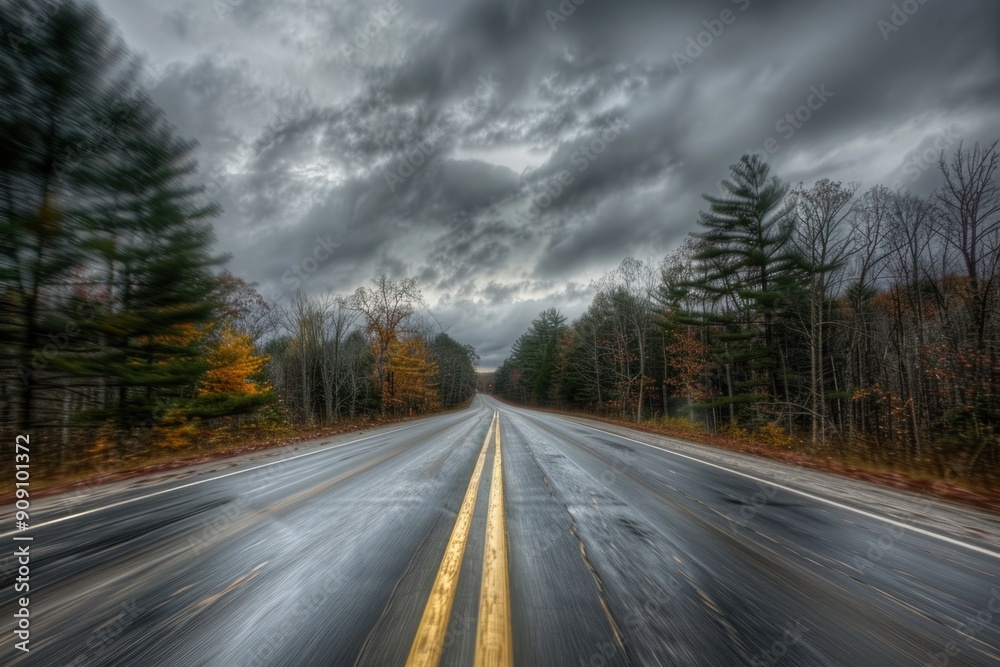 Fototapeta premium A blurred road stretches into the distance, flanked by trees under a cloudy sky