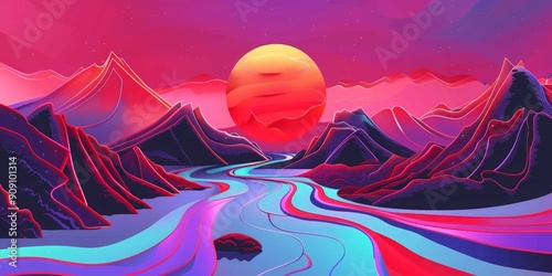 Spectacular Abstract Landscape: Red Sun and River's Journey Through Majestic Mountains.