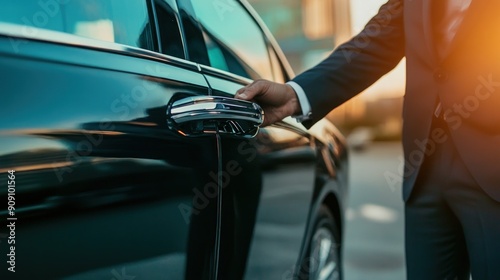 A Man's Hand Opens the Door of a Black Car