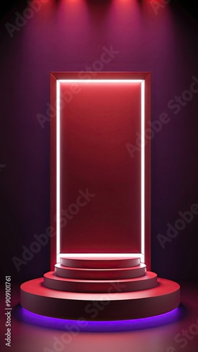 Blank red podium in a dark studio with red and purple LED light, a showcase for a product