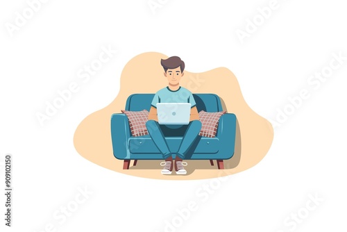 Young business man working with his laptop in the office or home, employee, freelancer. Flat vector illustration isolated on white background