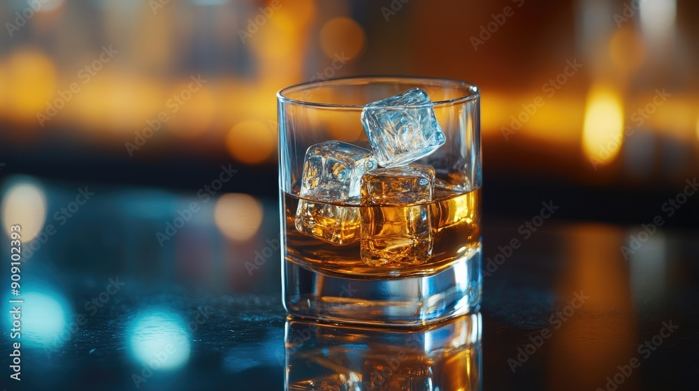 Highball whiskey glass on a bar, close-up showing the perfect pour with ice, reflecting the light for a sophisticated touch Highball whiskey glass on a bar, close-up showing the perfect pour with ice, reflecting the light for a sophisticated touch
