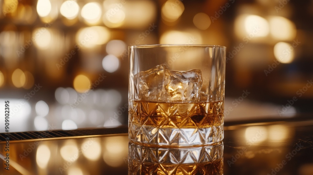 Highball whiskey glass on a bar, close-up showing the perfect pour with ice, reflecting the light for a sophisticated touch
