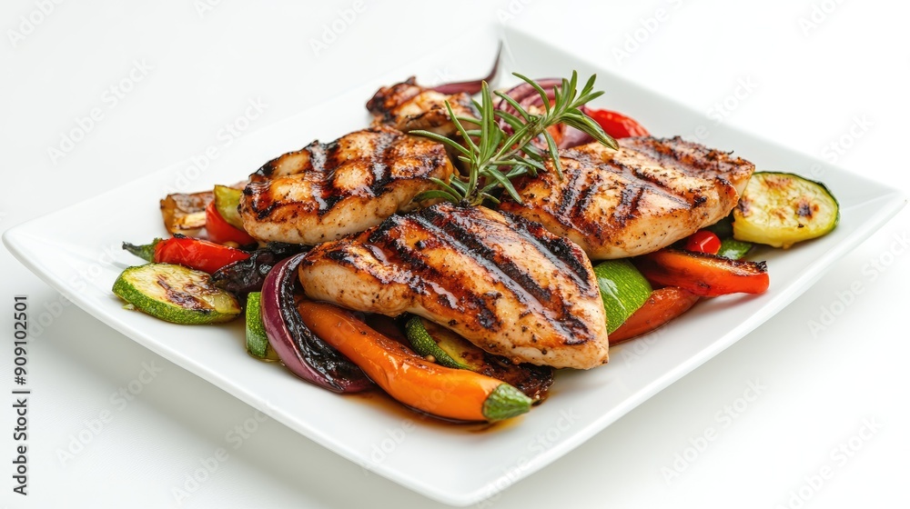 Juicy grilled chicken with an assortment of vegetables, presented on a white plate and isolated on a white background, perfect for food photography Juicy grilled chicken with an assortment of vegetables, presented on a white plate and isolated on a white background, perfect for food photography